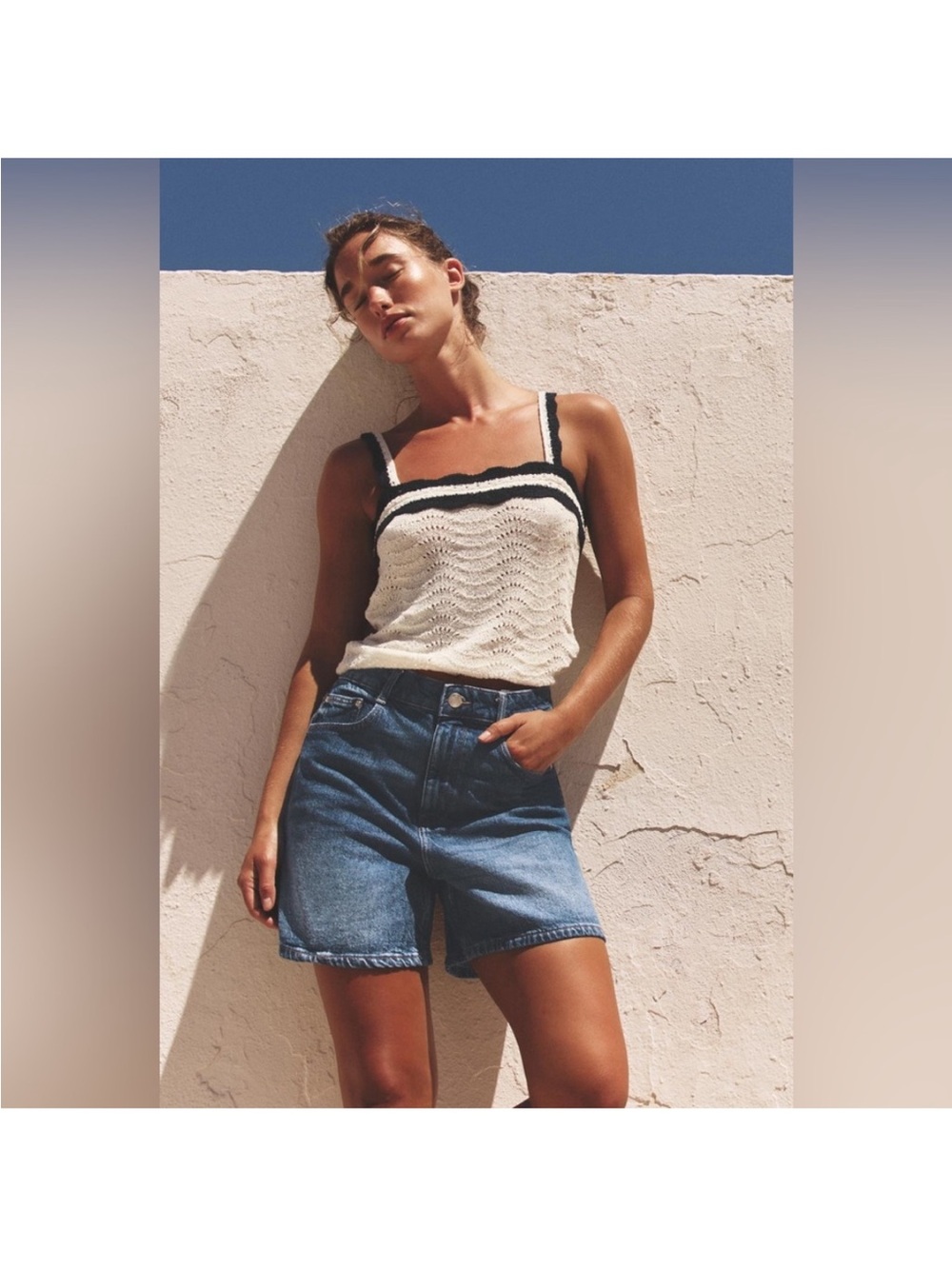 NWT Zara Crochet Knit Camisole in White with Navy Scalloped Trim & Thin Straps - Picture 3 of 5